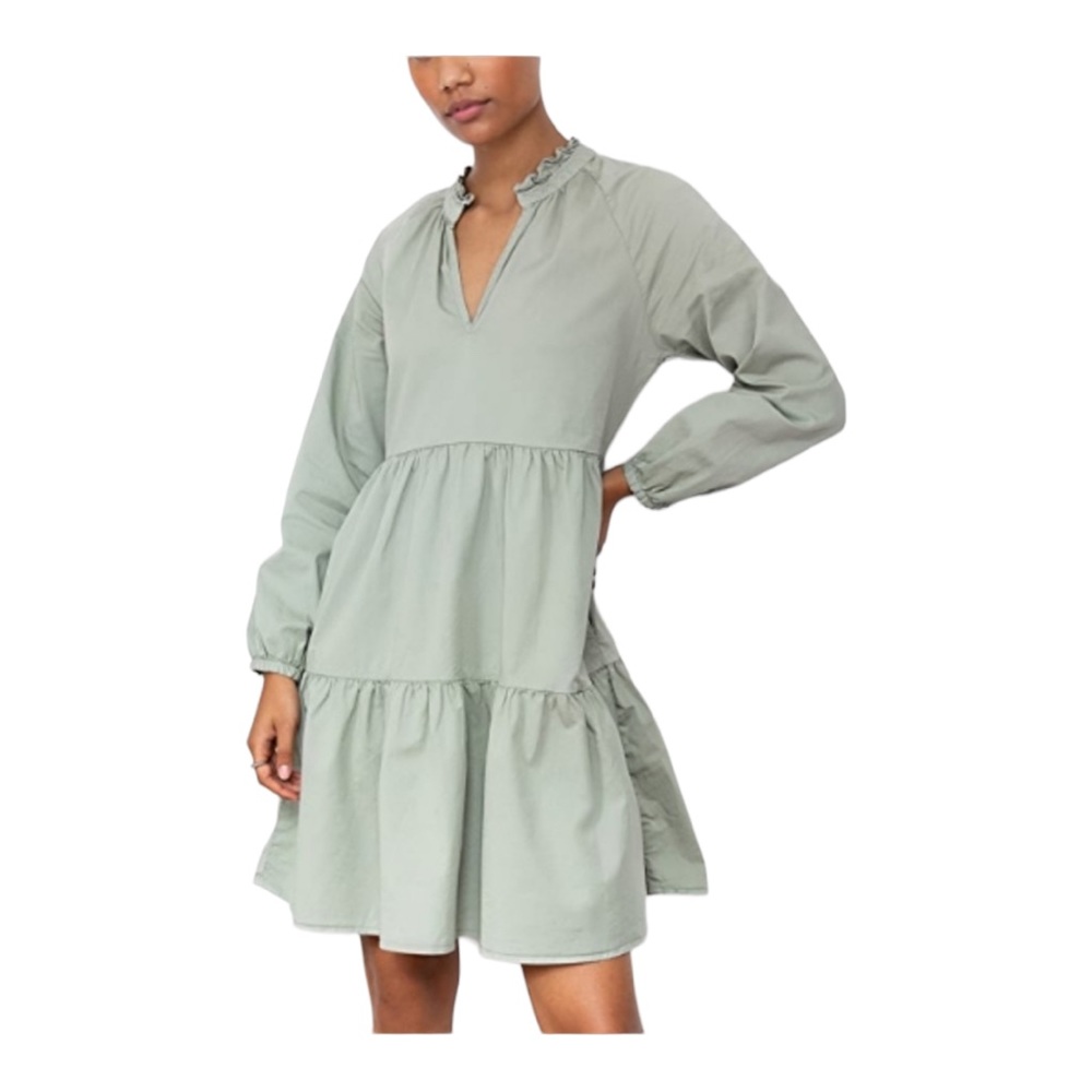 Sundry Tiered Panel Dress Eucalyptus Size 0 Long Sleeves V Neck - Picture 11 of 11